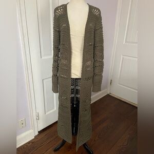 BCBGMAXAZRIA Long Crochet Knit Duster – Olive Green – Size XS